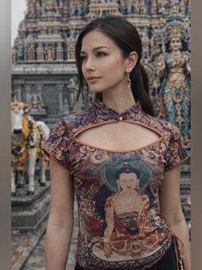 Romwe sz XL cute button neck shirt sleeve top Buddha Asian design print tie side